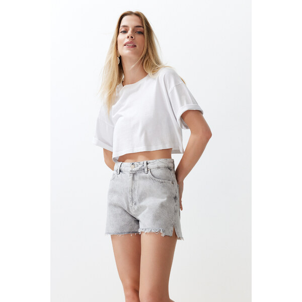 Trendyol Grey Ripped Denim Shorts 50580228