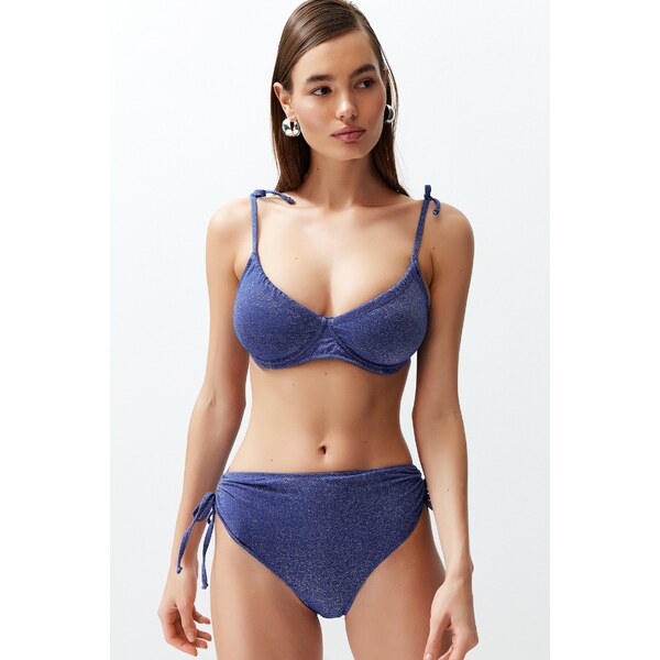 Trendyol Navy Blue Balconette Tie-Up Silvery High Waist Hipster Bikini 50593066