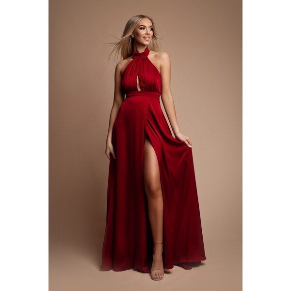 miadresses.sk Červené saténové šaty s rozparkom 50122749