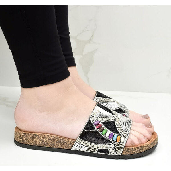 JOHN-C Dámske čierno-strieborné letné šľapky LETTIE 50284612