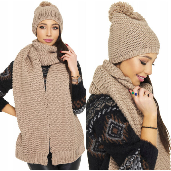Fashionweek Zimná hrubá teplá dámska vlnená súprava - čiapka a dlhá 48752233