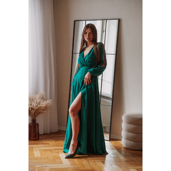 miadresses.sk Smaragdové spoločenské šaty s rukávmi a rozparkom 37611508