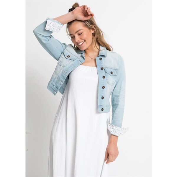 bonprix Džínsová bunda s čipkovanou časťou, farba modrá 60622830