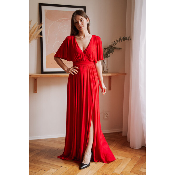 miadresses.sk Červené dlhé spoločenské šaty s voľnými rukávmi 19330623