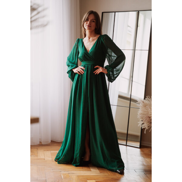 miadresses.sk Smaragdové šifónové šaty s dlhými rukávmi 35053143
