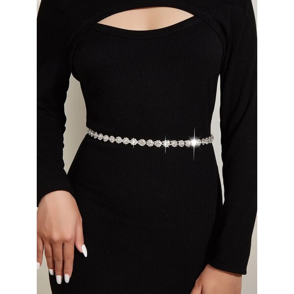 Úzky štrasový opasok s reťazou strieborný 51237912