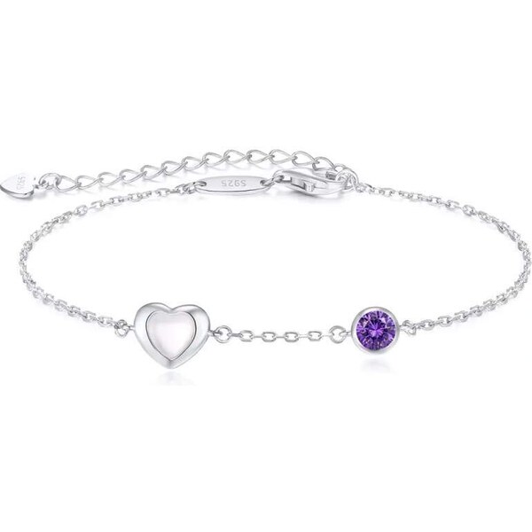 Glory Strieborný náramok Happy s perleťovým srdiečkom a fialovým 52683214