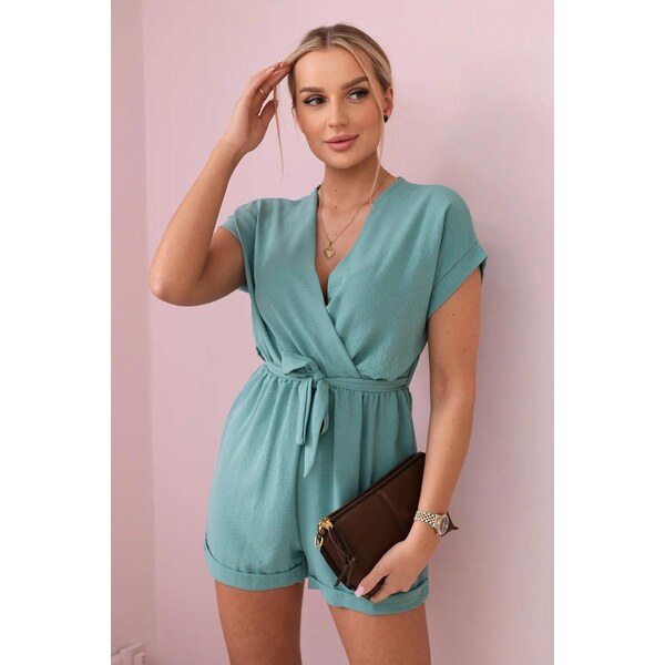 MladaModa Krátky overal s viazaním v páse model 6494T tmavý mentolový 56624719