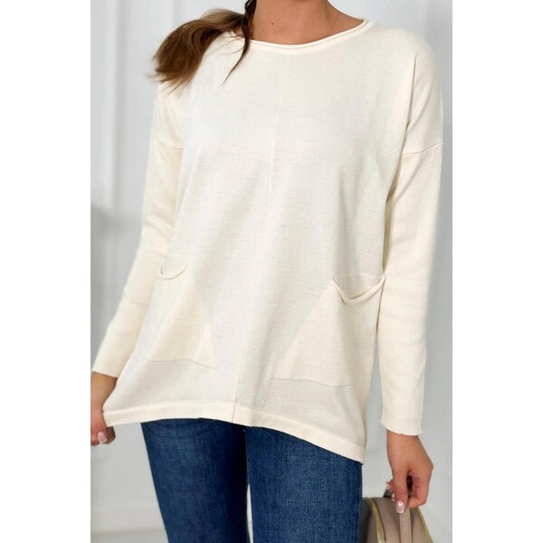 MladaModa Tenký sveter s prednými vreckami model 2432 farba ecru 58163624