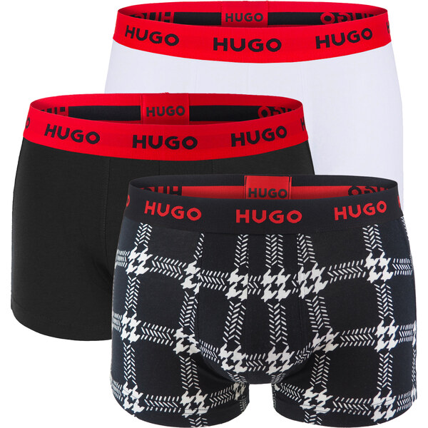 HUGO - boxerky 3PACK cotton stretch modern black grid & white color 55448098