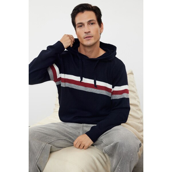 Trendyol Navy Blue Slim Fit Hooded Striped Knitwear Sweater 55431509