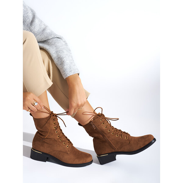 Shelvt Brown womens lace-up boots with low heels 55877160