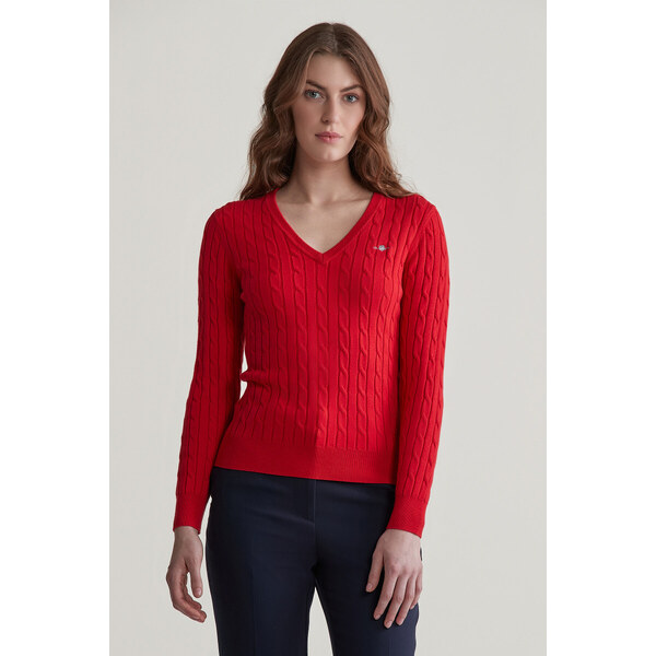 SVETER GANT STRETCH COTTON CABLE V-NECK RUBY RED 55857097