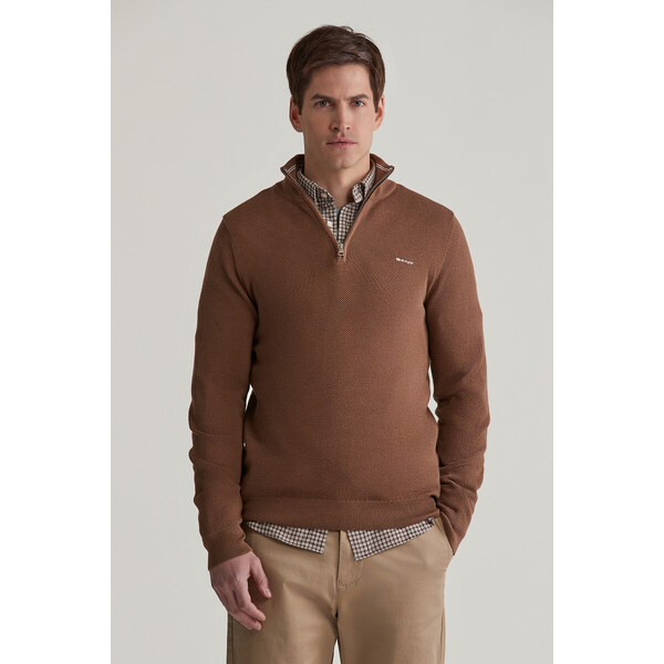 SVETER GANT COTTON PIQUE HALFZIP HAZELNUT MELANGE 56009035