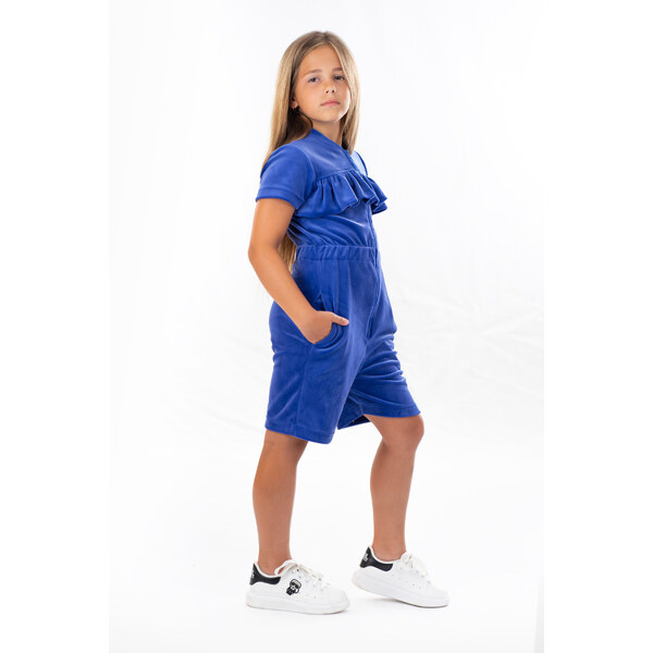 Dendy Dievčenský overal plyšový krátký z volánikom Prussian blue 63228849