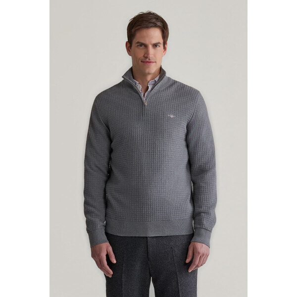 SVETER GANT COTTON TEXTURED HALF ZIP DARK GREY MELANGE 56361794