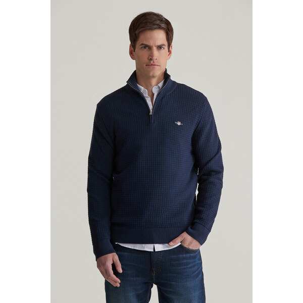 SVETER GANT COTTON TEXTURED HALF ZIP EVENING BLUE 56361795