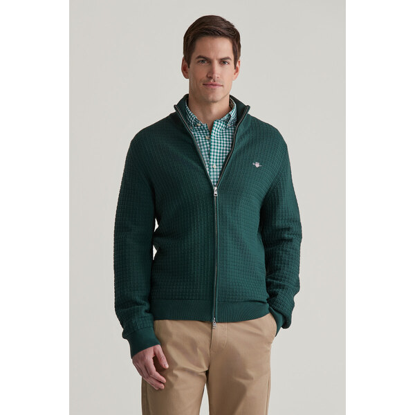SVETER GANT COTTON TEXTURED ZIP CARDIGAN TARTAN GREEN 56361799