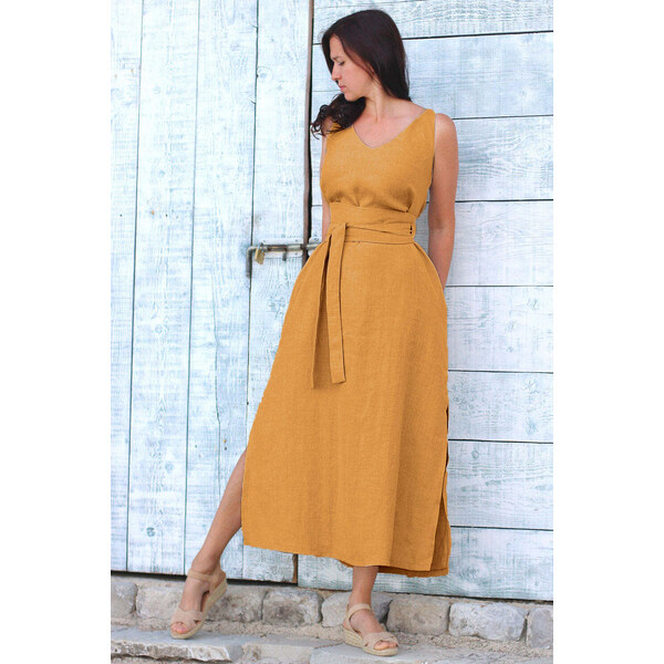 Lotika Linen Dlhé ľanové šaty s rázporkom 63334098