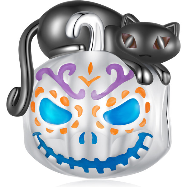 Royal Fashion strieborný prívesok Maľovaná tekvica s mačkou svietiacou 57487597