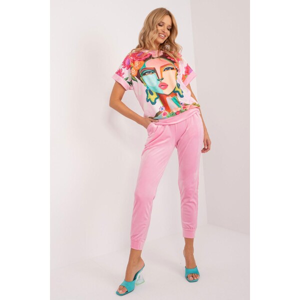 MladaModa Velúrová súprava s potlačou model 99253 pudrovo ružová 56979516