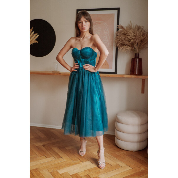 miadresses.sk Petrolejové midi šaty s korzetom a tylovou sukňou 46575842