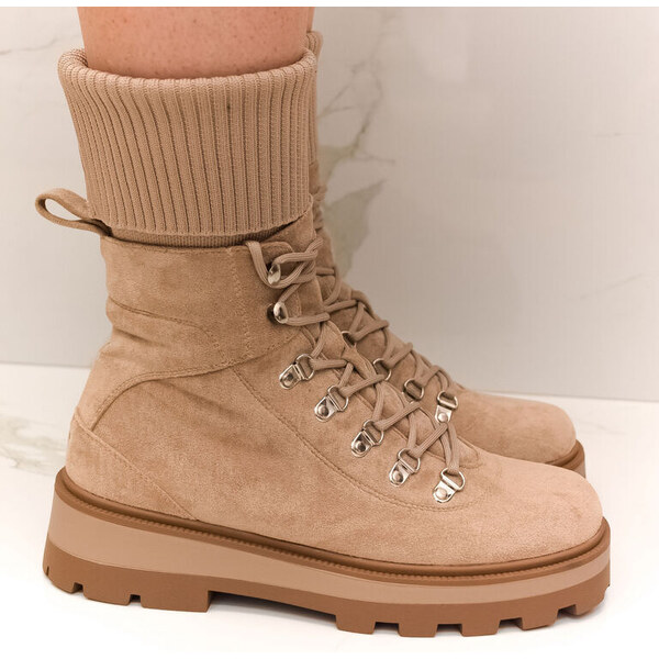 WDE Dámske béžové členkové čižmy s úpletovým nápletom Sierra 57054405