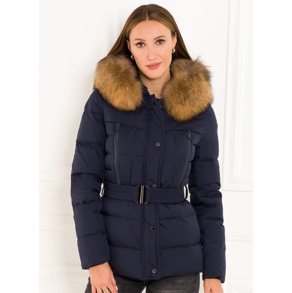 Due Linee Dámska zimná bunda s opaskom a pravým medvedíkom čistý modrá 27542032