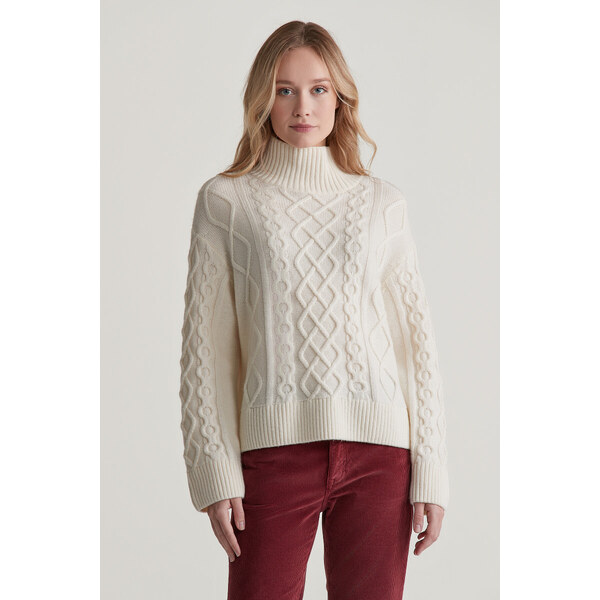 SVETER GANT CABLE KNIT STAND COLLAR CREAM 57453089