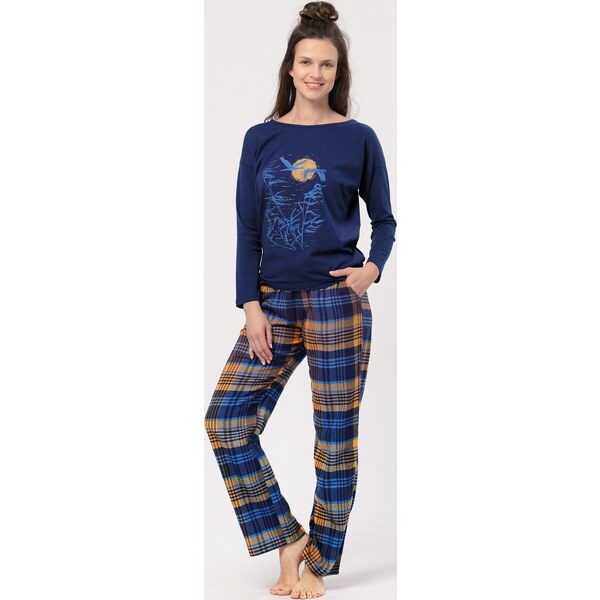 Tmavomodré flanelové pyžamo s károvanými nohavicami Key Fran LNS 937 57535853