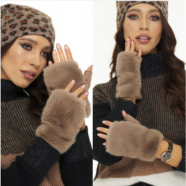Fashionweek Teplé dámske BEZPRSTOVÉ RUKAVICE s mäkkej, hustej kožušiny 48753109