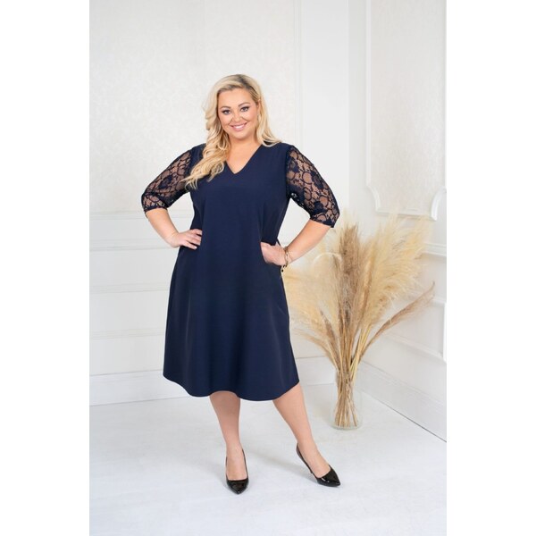 Tunikové šaty s čipkovanými rukávmi tmavomodré 62789538