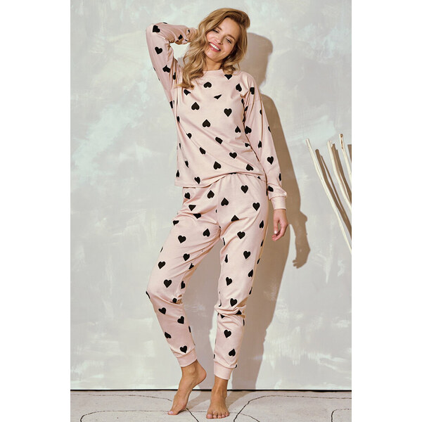 Taro Dámske bavlnené pyžamo so srdiečkami Hannah broskyňové, Farba 57841778