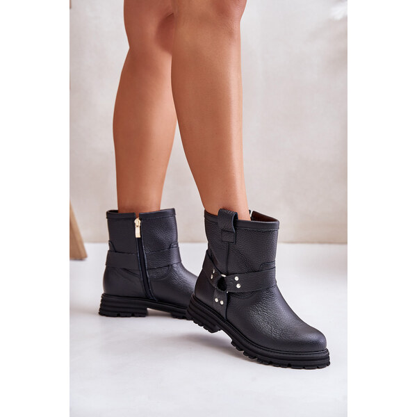 Boto Lewski Shoes Kožené Dámske Topánky Na Plohom Opätku Čierne Lewski 60708015