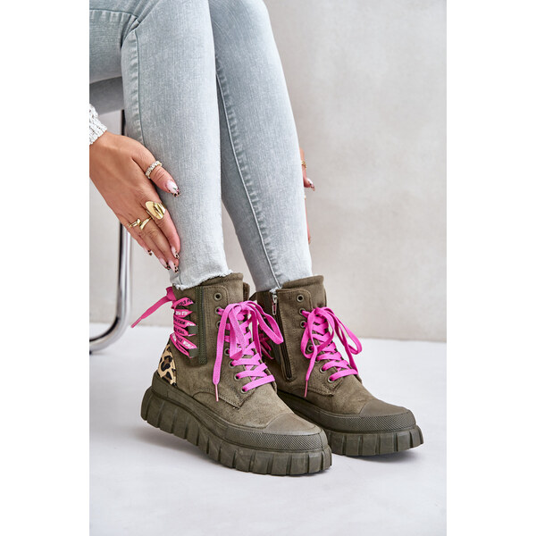 EVENTO Womens Platform Ankle Boots with Lace Up Leopard Pattern Green 59906135