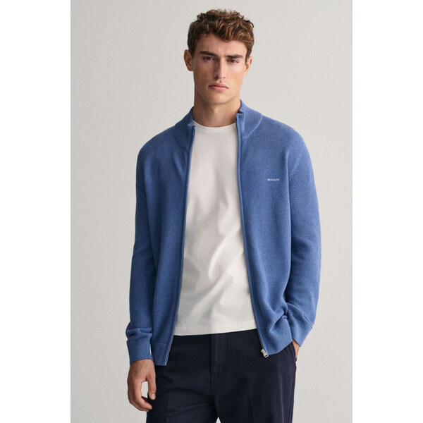 SVETER GANT COTTON PIQUE ZIP CARDIGAN DENIM BLUE MELANGE 56361801