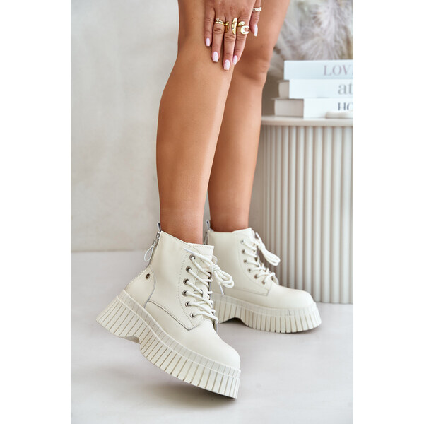 Insulated Leather Ankle Boots on a Solid Sole GOE Light Beige 60161088