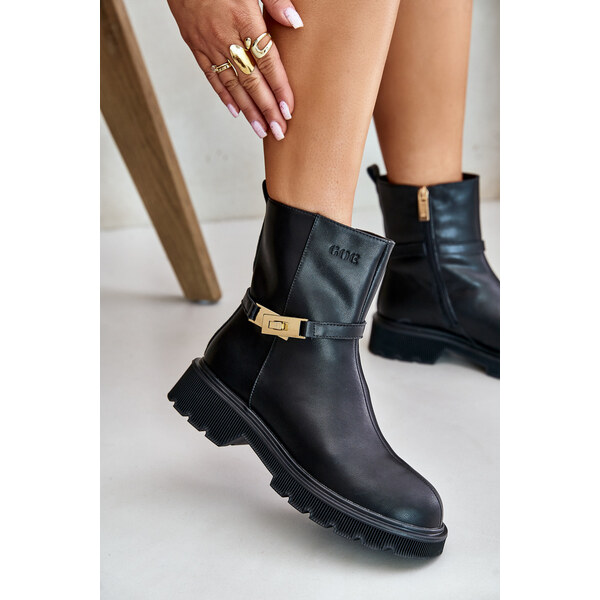 Leather womens ankle boots with strap insulated GOE black 60161055