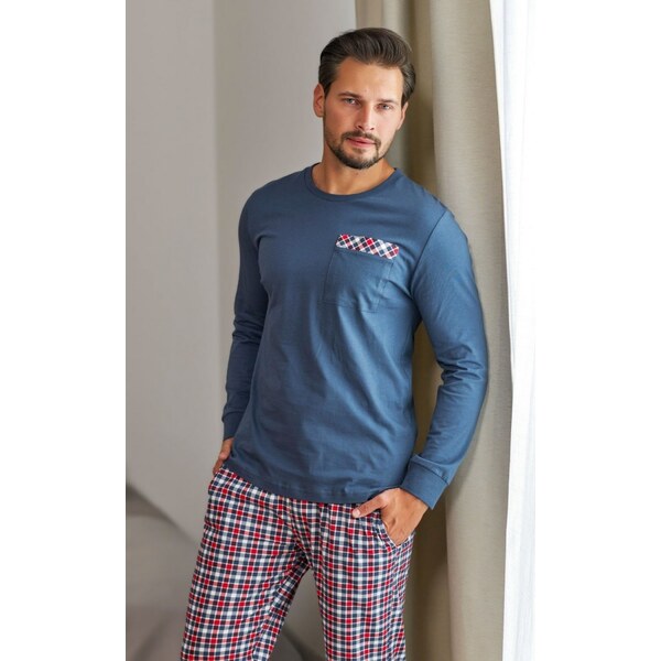 Modré pánske pyžamo s kockovanými nohavicami Doctor Nap 58177207