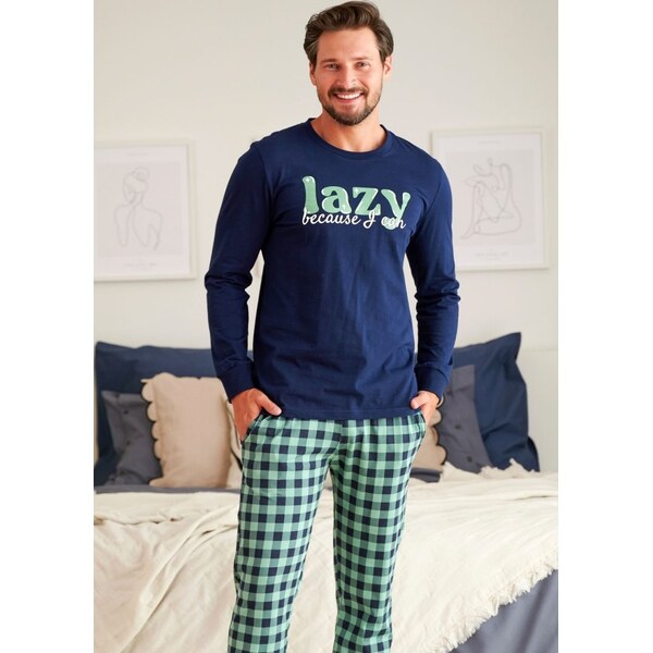 DOCTOR NAP Tmavomodré pánske pyžamo s kockovanými nohavicami 58177208