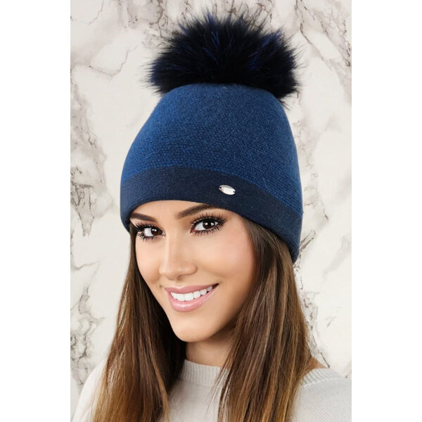 Kamea Tmavomodrá dámska zimná čiapka s kožušinovým brmbolcom Aloes, 58225265