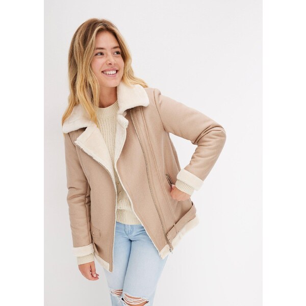 bonprix Motorkárska bunda z umelej kožušiny, farba šedá 58308417