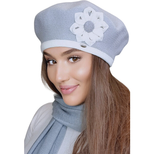 Kamea Šedá luxusná dámska baretka na zimu s kvetom Dahlia, Farba šedá 58391801