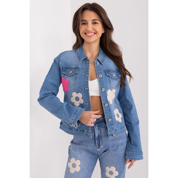 MladaModa Džínsová bunda s kvetmi model 50743 svetlomodrá 65626886