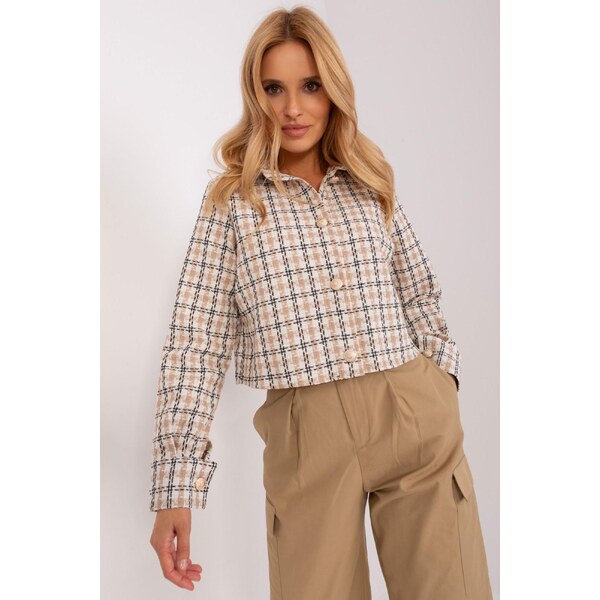 MladaModa Krátka károvaná bunda s gombíkmi model 43227 béžová 65626913