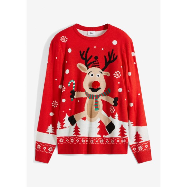 bonprix Pulóver, jemne pletený s vianočným motívom, farba červená 47086281