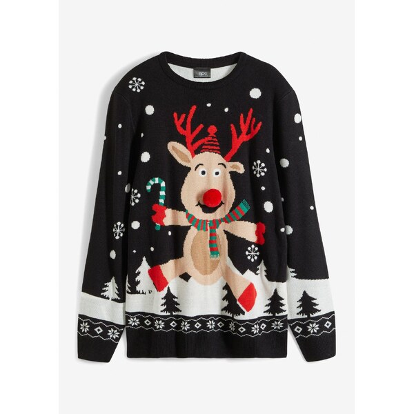 bonprix Pulóver, jemne pletený s vianočným motívom, farba čierna 47086282