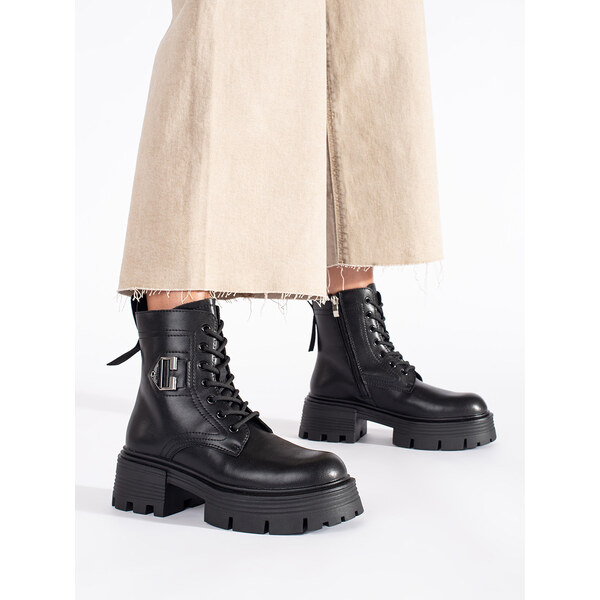 Shelvt Black leather boots with a thick sole 57584130