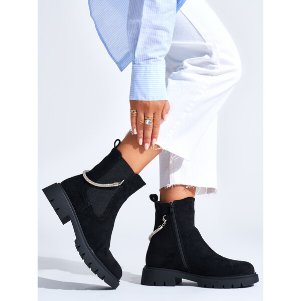 Shelvt Womens black ankle boots with a decorative chain 55941949