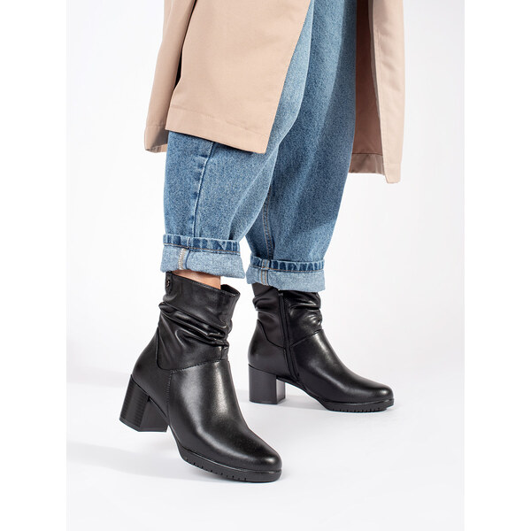 Womens black leather ankle boots with a ruffled upper by Sergio Leone 58315047